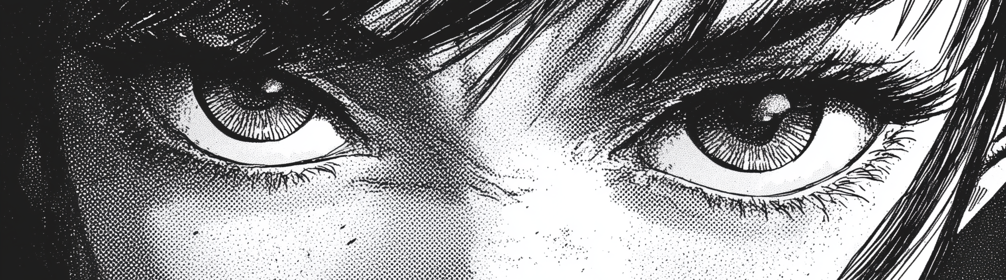 Close-up of a character's eyes with a black and white manga style.